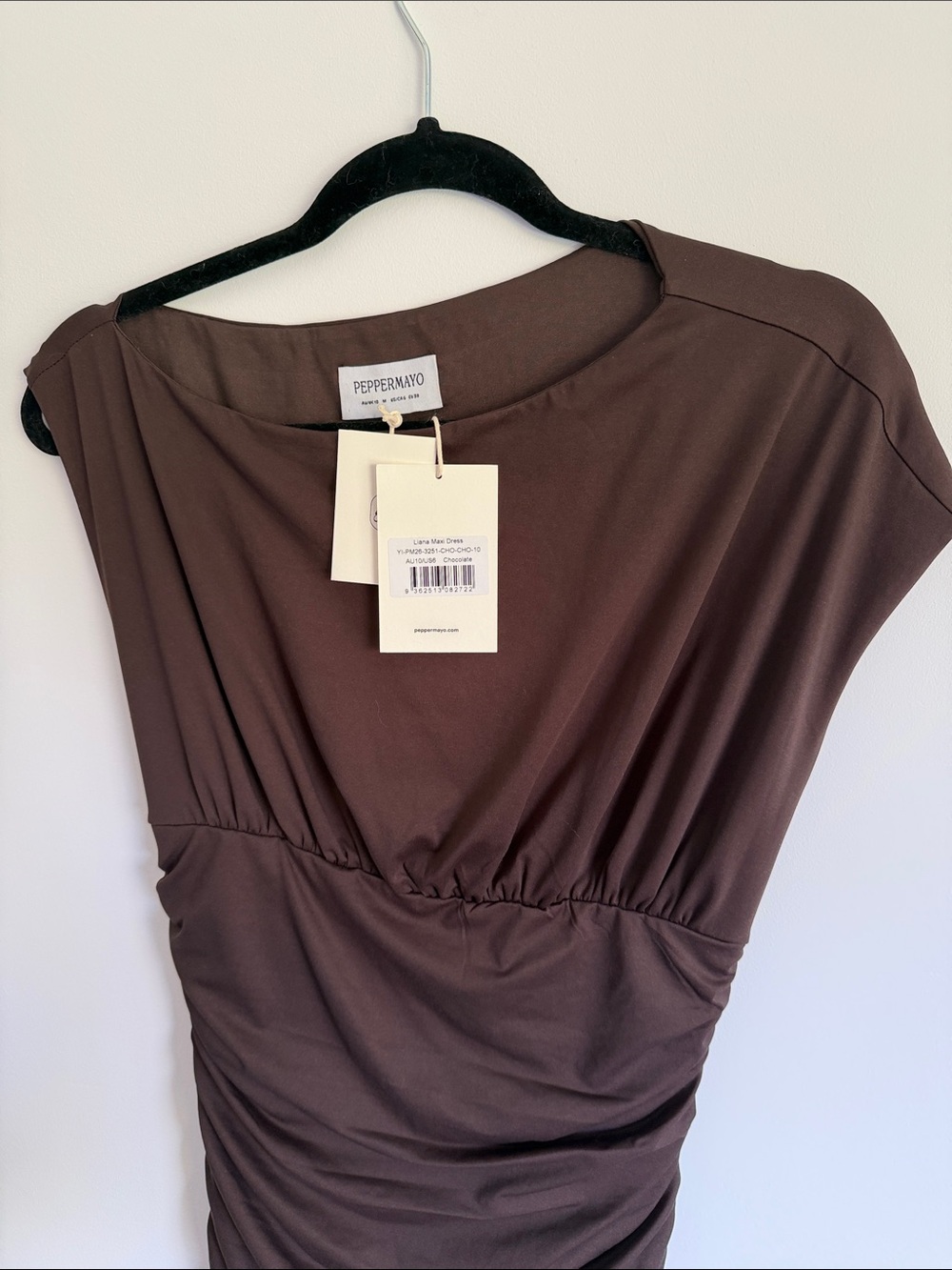 BNWT Peppermayo One-Shoulder Ruched Chocolate Brown Maxi Dress - Picture 4 of 7